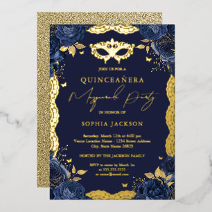 Masqueradefeest Navy Bloemrijke Kant Quinceanera Folie Uitnodiging