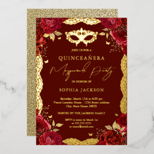 Masqueradefeest Rood Goud Roos Kant Quinceanera  Folie Uitnodiging