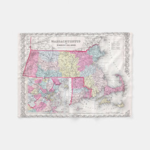  Massachusetts and Rhode Islands Map (1855) Fleece Deken