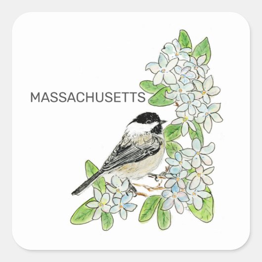Massachusetts bird and flower square sticker (Voorkant)