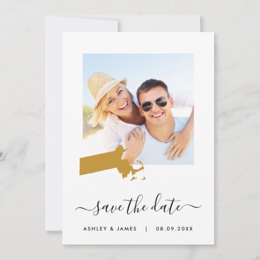 Massachusetts Map bruiloft met foto's opslaan Datu Save The Date (Voorkant)