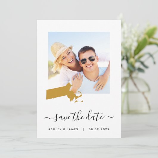 Massachusetts Map bruiloft met foto's opslaan Datu Save The Date (Staand voorkant)