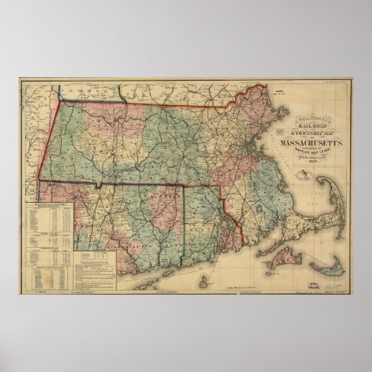  Massachusetts Railroad Map (1879) Poster (Voorkant)