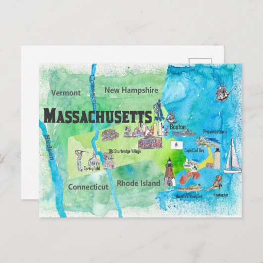 Massachusetts Reisplattegrond Briefkaart (Voorkant / Achterkant)
