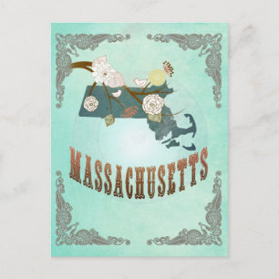  Massachusetts State Map - Turquoise Blauw Briefkaart