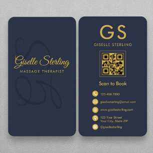 Massage Therapeut Monogram Marine Blauw Goud QR Co Visitekaartje