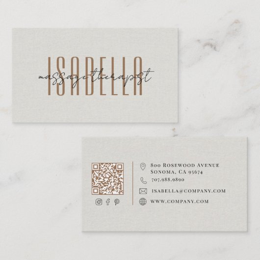 Massagetherapeut Faux Linnen Script Visitekaartje (Voorkant / Achterkant)