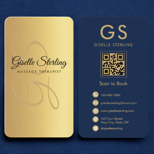 Massagetherapeut Navy Blue Gold QR Code Monogram Visitekaartje