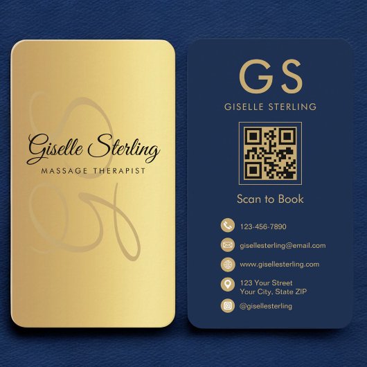 Massagetherapeut Navy Blue Gold QR Code Monogram Visitekaartje