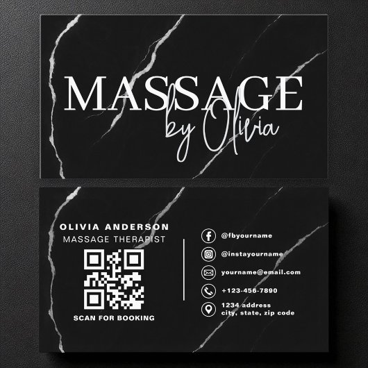 Massagetherapeut QR Code Zilver Zwart Marmer Visitekaartje