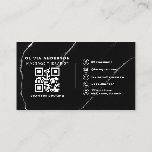 Massagetherapeut QR Code Zilver Zwart Marmer Visitekaartje (Achterkant)