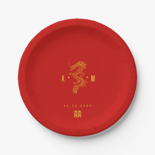 massief rood Double Happiness Dragon-monogram Papieren Bordje