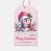 Massief Roze Vrolijk Kerstfeest Schattige Pinguïn Cadeaulabel (Voorkant)