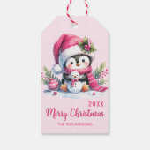Massief Roze Vrolijk Kerstfeest Schattige Pinguïn Cadeaulabel (Achterkant)