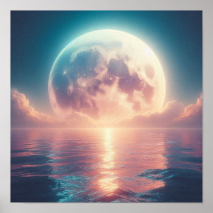 Massieve Maangloed Over Rustig Oceaanoppervlak Poster