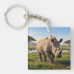 Massieve Neushoorn Die Over Open Savanne Vlakte Ro Sleutelhanger