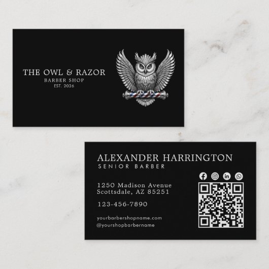 Master Barbershop Zilveren Uil Professioneel Qr Co Visitekaartje (Voorkant / Achterkant)