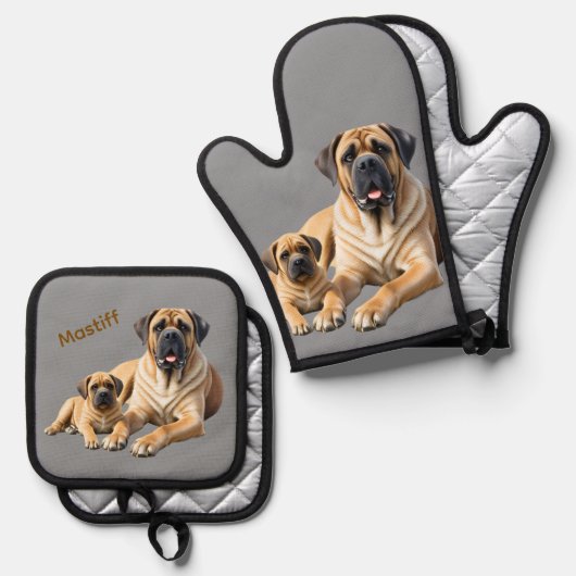 Mastiff englische Dogge mit Kind im Urlaub Ovenwant & Pannenlap Set (Voorkant / Achterkant)