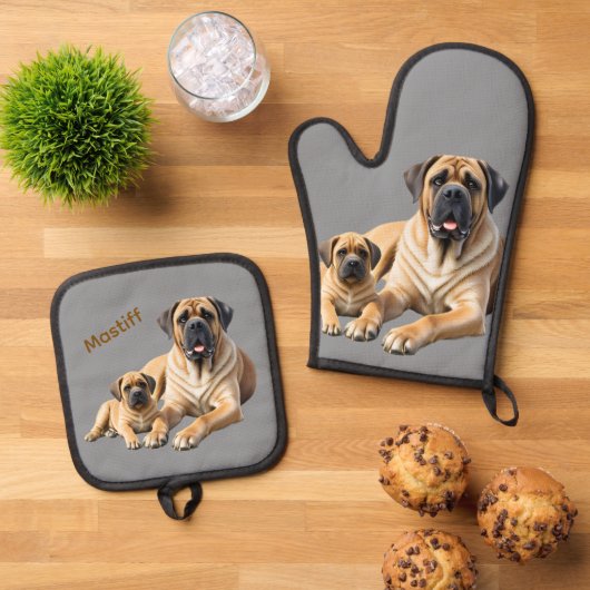 Mastiff englische Dogge mit Kind im Urlaub Ovenwant & Pannenlap Set (Top down)