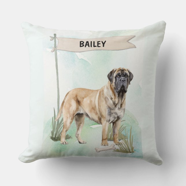 Mastiff Watercolor Personalized Dog Kussen (Voorkant)