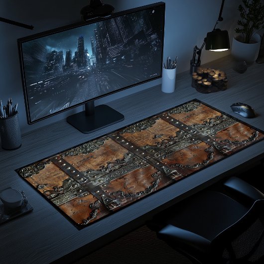 Mat de bureau médiéval en cuir et fer rustique