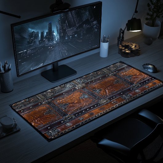 Mat de bureau médiéval en cuir et fer rustique