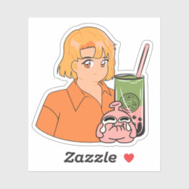 Matcha Bubble Tea Tijd – Esthetisch Oranje Anime M Sticker