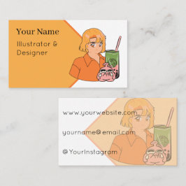 Matcha Bubble Tea Tijd – Esthetisch Oranje Anime M Visitekaartje
