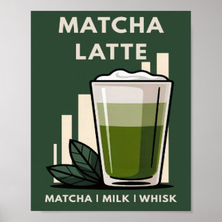 Matcha Latte Retro Donkergroen Cafe Grafisch Poster