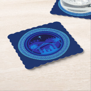 Matching Blue Natitivity kerstgeschrokken vierkant Kartonnen Onderzetters