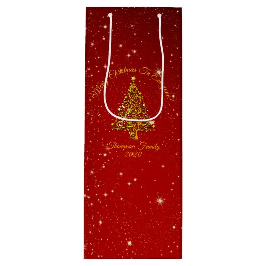 Matching Set Kerstred Gold Tree Stars Naam Wijn Cadeautas (Voorkant)