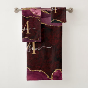 Matig Agate Geode Burgundy Gold Monogram script Bad Handdoek