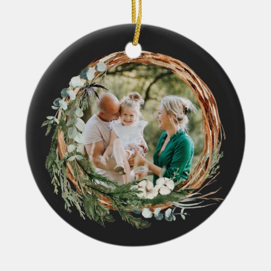 Matig blad met zwarte kerstfoto keramisch ornament (Voorkant)