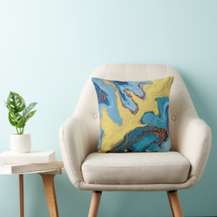 Matig blauw en geel goudglitter abstract kussen