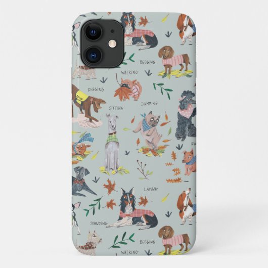 Matig blauw en zwart botanisch hondenpatroon Case-Mate iPhone case (Achterkant)