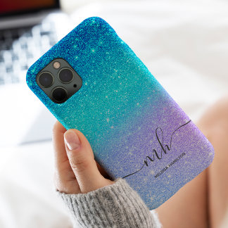 Matig blauw glitter ombre paars chic monogrammen iPhone 13 pro max hoesje