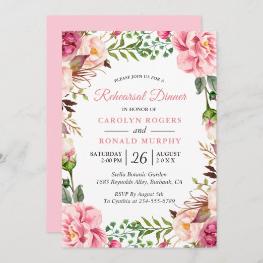 Matig Blush Pink Floral Wreatsrepesal Dinner Kaart (Voorkant / Achterkant)