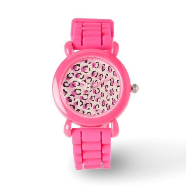 Matig chic roze cheetah printpatroon monogram horloge (Voorkant)