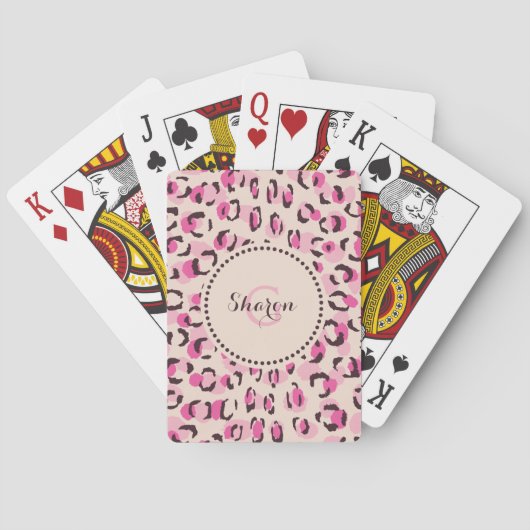 Matig chic roze cheetah printpatroon monogram pokerkaarten (Achterkant)
