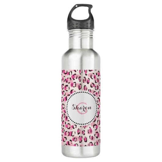 Matig chic roze cheetah printpatroon monogram waterfles (Voorkant)