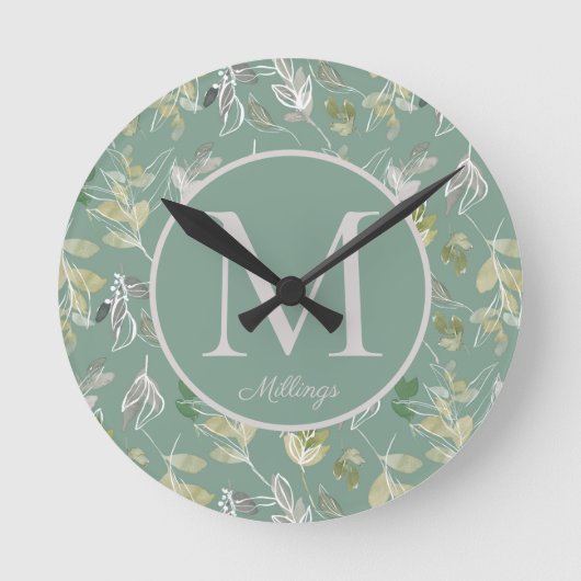 Matig elegant Sage Green Silver laat Monogram  Ronde Klok (Voorkant)