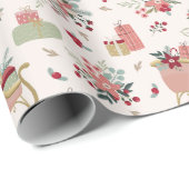 Matig Floral Pattern Santa Sleigh Kerstmis Cadeaupapier (Rol Hoek)