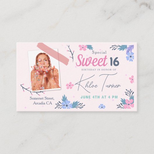 Matig Floral Sweet 16 roze Birthday Informatiekaartje (Voorkant)