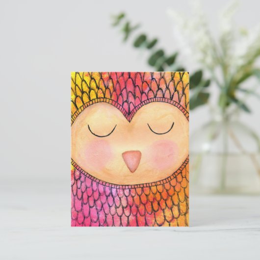 Matig Funky Sleepy Owl Mixed Media Painting Briefkaart (Staand voorkant)