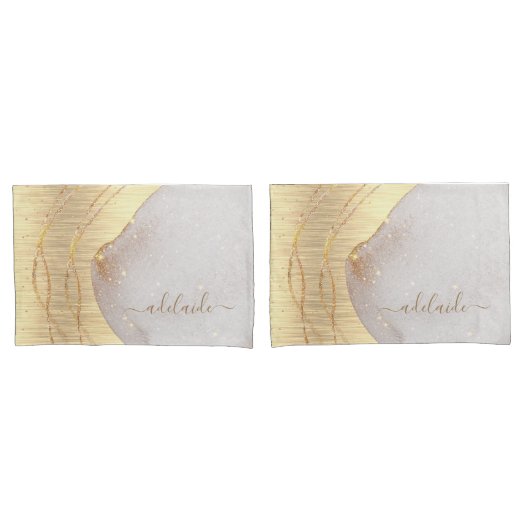 Matig Girly Gold Glitter Script Monogram Naam Kussensloop (Voorkant-Set)