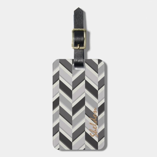Matig grijs chevron geometrisch monogram bagagelabel (Voorkant verticaal)