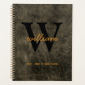 Matig grijs leren script zwart monogram planner (Voorkant)