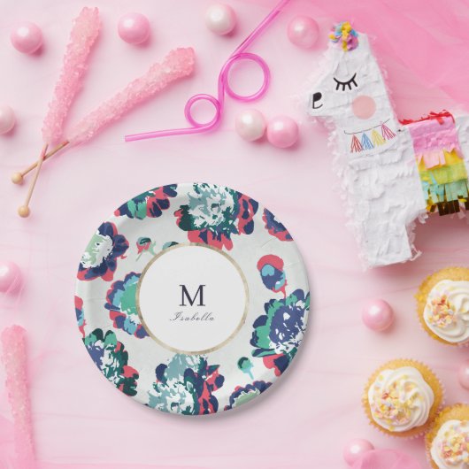 Matig klassiek groen goud abstract bloemmonogram papieren bordje (Feest)