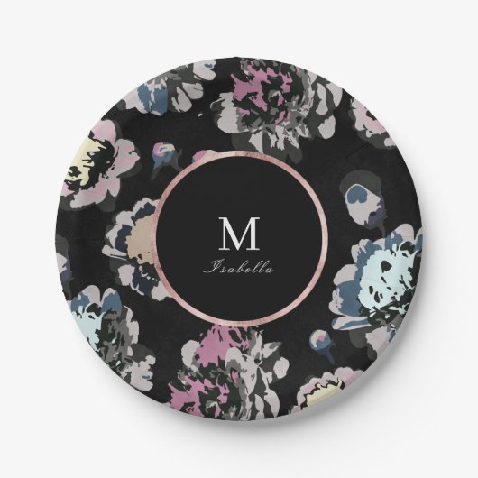 Matig klassiek zwart abstract bloemmonogram papieren bordje (Voorkant)