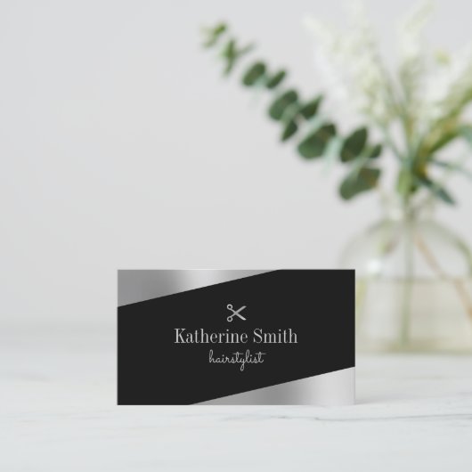 Matig minimaal zilver en zwarte schaar visitekaartje (Staand voorkant)